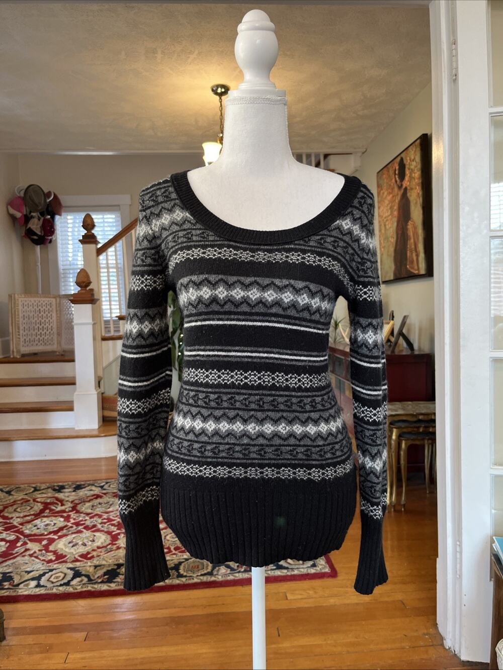 Vintage S Old Navy Y2K Fair Isle Scoop Neck Knit Striped Sweater Black